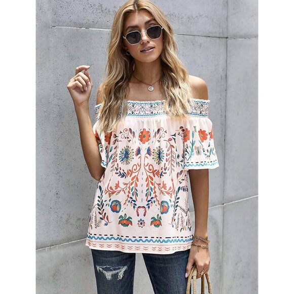 ๐ 2/$20 ๐ Off Shoulder Elbow Length Sleeve Boho Floral Blouse sz XS - Picture 3 of 6